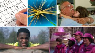 Clockwise from top let: Sudoku puzzle, Higgs Boson experiment' Brazil pensioner, London 2012 volunteers, Justin Fashanu