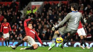 Manchester United's Javier Hernandez scores