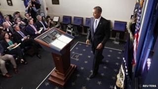 U.S. President Barack Obama arrives at the lectern to deliver remarks after the House of Representatives acted on legislation intended to avoid the "fiscal cliff"