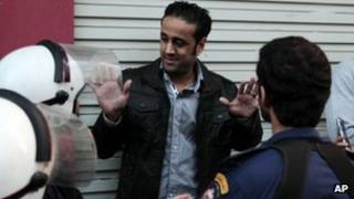 Sayed Yousif al-Muhafdha facing riot police in Manama, Bahrain (Dec 2012)