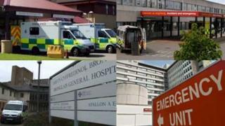 From top left clockwise: Prince Philip Hospital, Glan Clwyd, Bronglais and University Hospital Wales