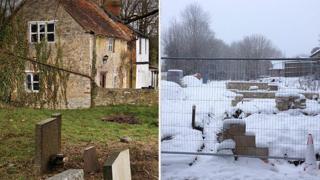 Twywell cottages before (left) and after demolition