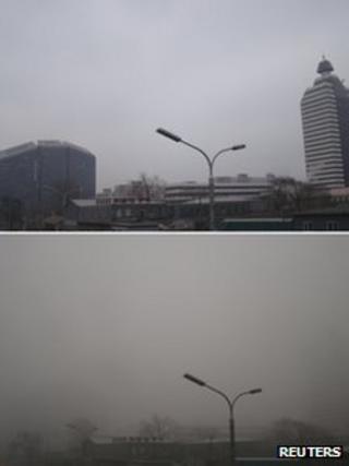 На комбинированной фотографии показан уличный фонарь, замеченный у перекрестка Сюаньвумэнь, снятый 15 января 2013 года (вверху) и 29 января 2013 года (внизу) в центре Пекина