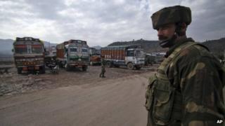 File photo of Indian army soldiers patrolling near the Line of Control trade centre at Chakan Da Bagh