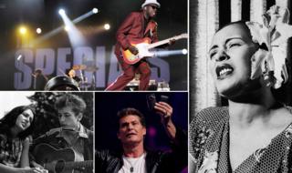 Clockwise from top left: The Specials' Free Nelson Mandela; Billie Holliday's Strange Fruit; David Hasselhoff; Joan Baez and Bob Dylan