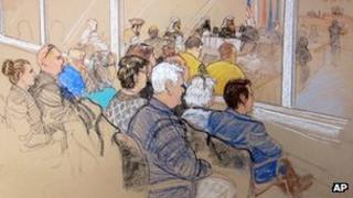 Courtroom sketch of spectators' gallery at Guantanamo Bay 28 January 2013