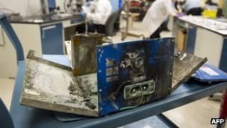 The burnt battery from a Japan Airlines 787 plane