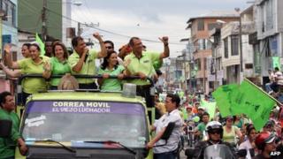 Rafael Correa (C) speaks during the launch of his campaign for re-election in Quito on 4 January 2013