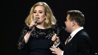 Adele cut short by James Corden at Brits 2012