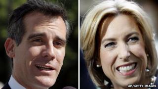 Combination picture of Los Angeles mayoral candidates Eric Garcetti (left) and Wendy Greuel