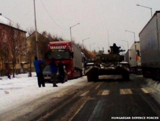 A tank on a Hungarian road, 15 March