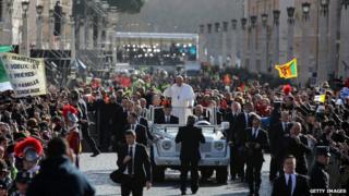 Pope Francis greets the faithful during his Inauguration Mass in St Peter's Square in Vatican City, Vatican, on Tuesday