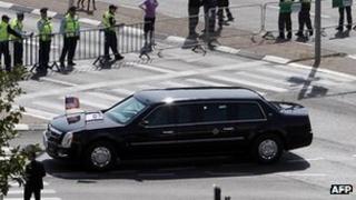 Armoured limousine of President Barack Obama drives through Jerusalem after his arrival. 20 March 2013