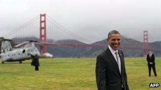 President Barack Obama before boarding Marine One near the Golden Gate Bridge in San Francisco, California, on 4 April 2013