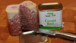 An opened tin of Asda Smart Price brand corned beef