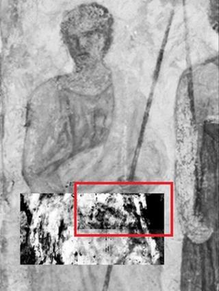 Fresco (Trois hommes armes de lances) and terahertz scan