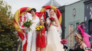 A float supporting gay marriage during the Pride parade on 16 February 2013 in Auckland, New Zealand