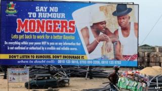 A billboard campaigning against rumour mongering in Yenagoa in Nigeria's southern Bayelsa state, 10 April 2013