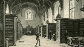 Image from weekly illustrated newspaper The Graphic, from 1886, showing a librarian in the library in Lambeth Palace's Great Hall