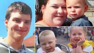 Gyda'r clock o'r chwith: Liam Timbrell; Lee-Anna Shiers a'i mab Charlie; nith Skye a nai Bailey
