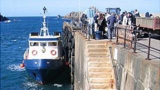 Sark Shipping ferry in Maseline Harbour with passengers waiting to board