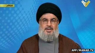 Screen grab from Lebanon's Hezbollah-run al-Manar TV shows Hezbollah leader Hassan Nasrallah delivering a speech from an undisclosed location, 30 April 2013