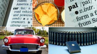 Composite of dictionary terms referred to in piece: car (dictionary definition and picture); bowl of nachos; the word "pal", and a set of volumes from the OED