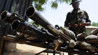 Arms and ammunitions recovered from Islamist insurgent during a clash with soldiers in the remote northeast town of Baga, Borno state - 30 April 2013