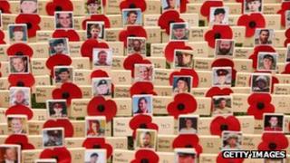 Remembrance poppies for servicemen killed in Afghanistan are planted outside Westminster Abbey. Picture from 2009.