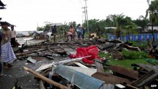 Destroyed houses and shops in Patuakhli, Bangladesh, on 16 May 2013