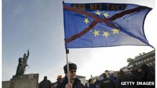 A demonstrator against EU membership in Reykjavik.