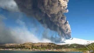 View of the Copahue volcano spewing ash