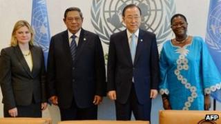 International Development Secretary Justine Greening, with UN Secretary General Ban Ki-Moon, Indonesian President Susilo Bambang Yudhoyono and Liberian minister of agriculture Florence Chenoweth