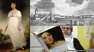 Composite image of Jane Austen portrait, Ramsgate picture from 1806, and person reading Pride and Prejudice