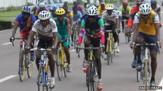 Congolese cyclists training for the tour in the capital, Kinshasa
