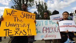 Students in favour of affirmative action outside the Supreme Court for oral arguments in Washington DC, October 2012