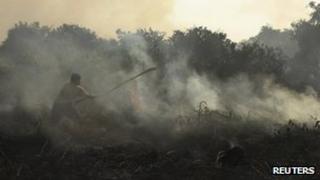 A resident tries to extinguish a fire burning on peatland in Pekanbaru of Riau province, 24 June 2013