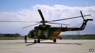 Mi-17 helicopter on the runway at Bagram Air Field, Afghanistan, May 2013