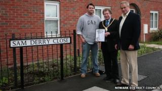Dan Derry, council chairman councillor Dennis Jones and William Derry