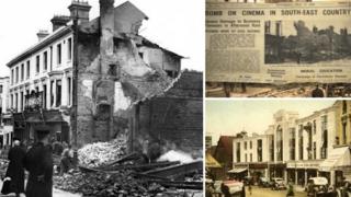 Composite of London Road before and after bombing, plus newspaper headline of the time
