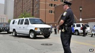 A van believed to be carrying Dzokhar Tsarnaev arrived at the Boston court on Wednesday (10 July 2013)
