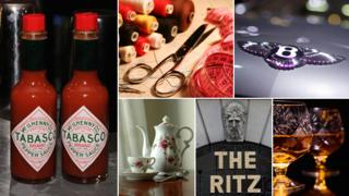 Composite: Tabasco sauce; haberdashery; Bentley logo; Whiskey; The Ritz; Teapot and tea