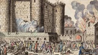 Illustration of citizens of Paris, headed by the National Guards, storming the Bastille prison on 14 July 1789