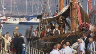 Duke and Duchess of Cornwall boarding the Pilgrim in Brixham