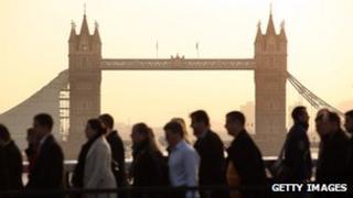 workers crossing London bridge