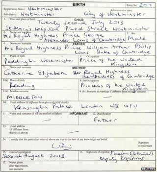 Copy of the birth register for Prince George of Cambridge