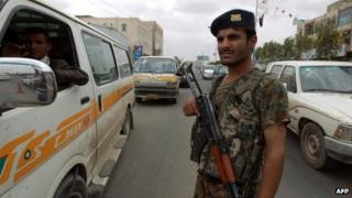 Yemeni soldier near Sanaa airport. 6 Aug 2013