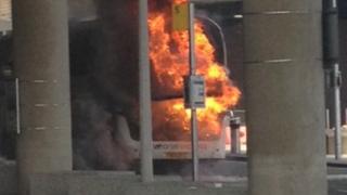 Coach on fire at Gatwick Airport
