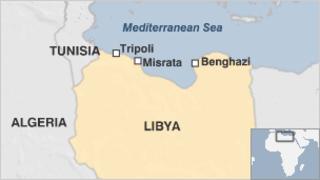 Map showing Benghazi in Libya