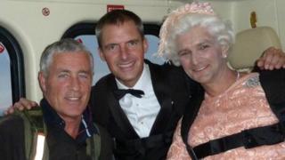 Mark Sutton, dressed as James Bond, and Gary Connery, dressed as the Queen ahead of their parachute jump at the London 2012 opening ceremony